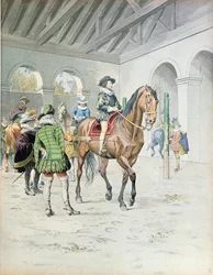 Armand-Jean du Plessis, Kardinal Richelieu (1585-1642) lernt reiten, Illustration aus einem Leben von Richelieu von Theodore Camu, 1910
